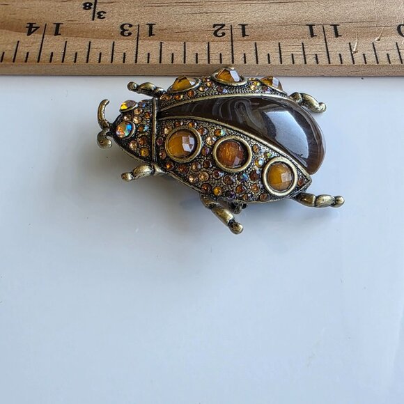 Ladybug Beetle Bug Brooch Brown Amber Aurora Rhinestone Vtg Insp Statement - Picture 5 of 5